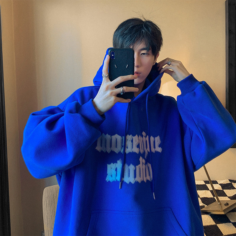克莱因蓝卫衣男潮ins春季宽松连帽哥特字母印花痞帅气外套帽衫潮