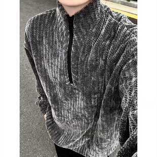 美式鱼骨纹半拉链立领加绒卫衣男款秋冬设计感长袖t恤内搭打底衫