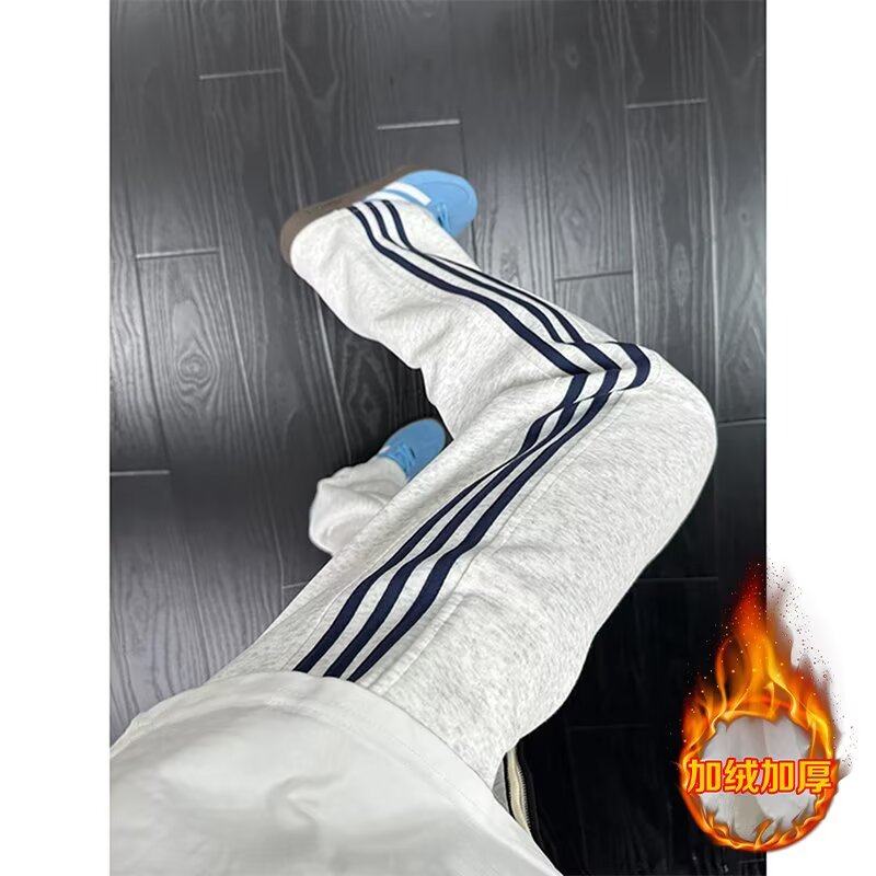 cleanfit条纹运动卫裤男款秋冬加绒美式高街裤子直筒跑步健身长裤