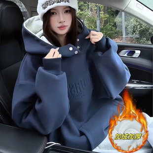 藏蓝色排扣半高领连帽卫衣男女秋冬加绒加厚美式重磅硬挺慵懒外套