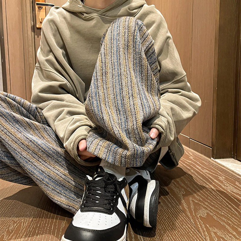 美拉德条纹拼色垂感休闲裤子男特