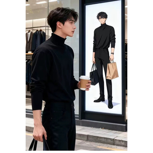 黑色韩系高领毛衣男款冬季高级感修身显瘦针织衫加绒厚内搭打底衫