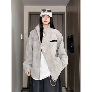 美式复古扎染皮衣夹克男高级感痞帅新中式外套短款立领春秋棒球服