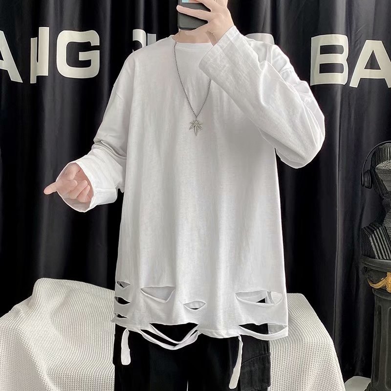 长袖T恤打底衫下摆破洞白