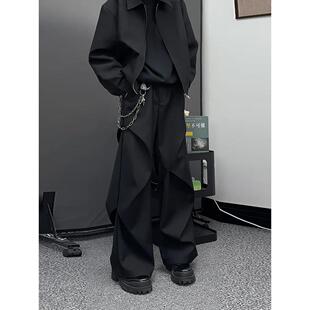 春秋阔腿休闲裤 黑色弯刀微喇西裤 子男款 裤 垂感高级感痞帅褶皱工装