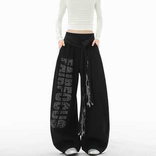 火焰字母设计阔腿裤 美式 街头宽松休闲裤 男女秋季 小众飘带弯刀卫裤
