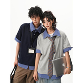 复古学院风宽松休闲百搭T恤 女男夏季 美式 假两件格纹POLO短袖