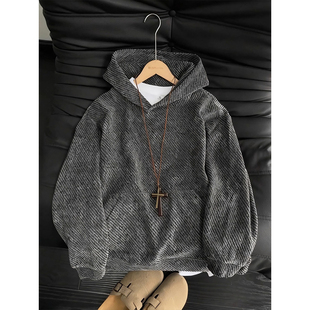 雪尼尔条纹连帽卫衣男秋冬加绒重磅硬挺宽松帽衫美式cleanfit外套