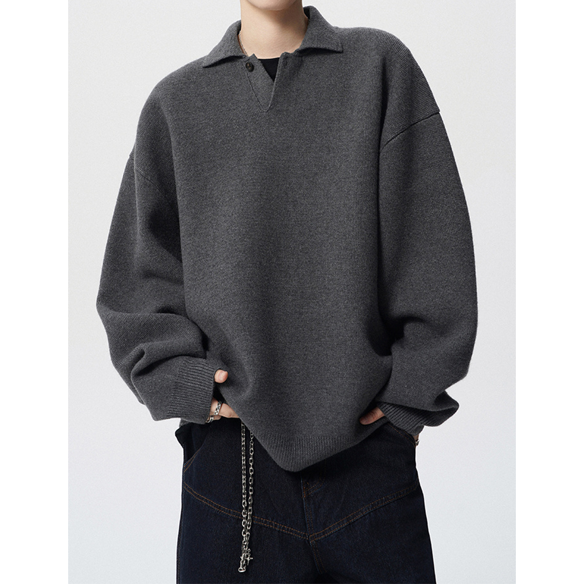 高级感POLO领毛衣外套男秋潮牌慵懒bf纯色针织衫美式百搭情侣上衣