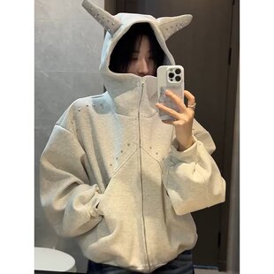 白花灰重磅铆钉连帽卫衣男款秋季高级感美式cleanfit短款廓形外套