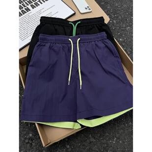 美式撞色冰丝短裤男款夏季外穿cleanfit凉感透气速干运动五分裤子