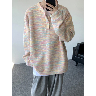 复古慵懒风毛衣vintage情侣外套 美式 彩色亨利领针织卫衣男款 秋季