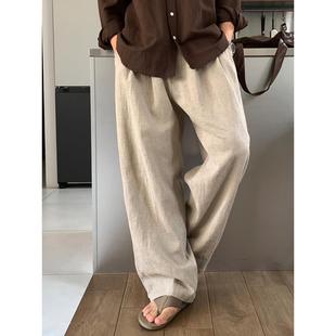 夏季薄款棉麻慵懒拖地裤韩版宽松直筒休闲裤简约长裤皱褶松紧西裤