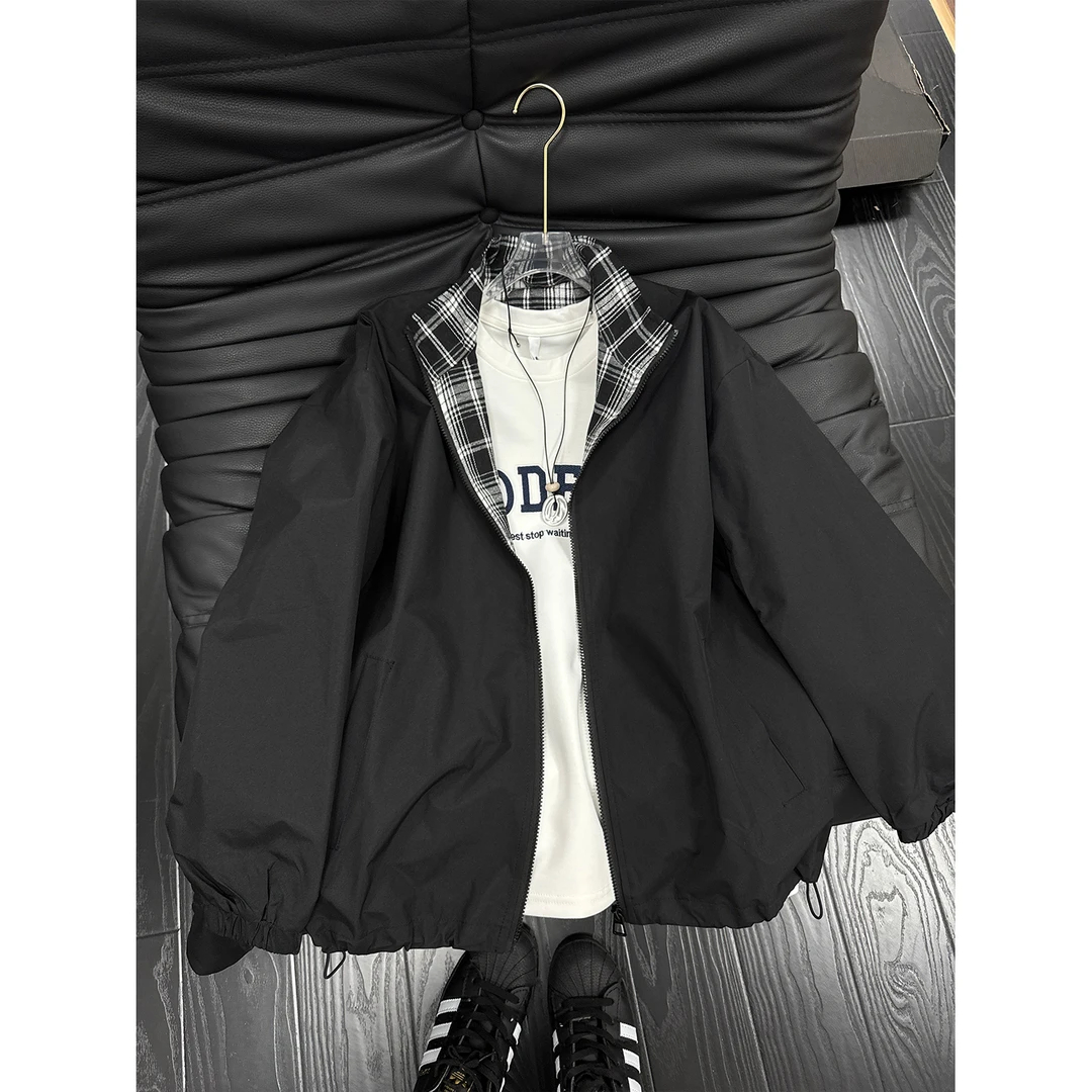 格子拼接夹克男款秋季翻领棒球服