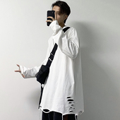 下摆破洞白色男美式 长袖 T恤打底衫 高街内搭潮纯棉破坏上衣服叠穿