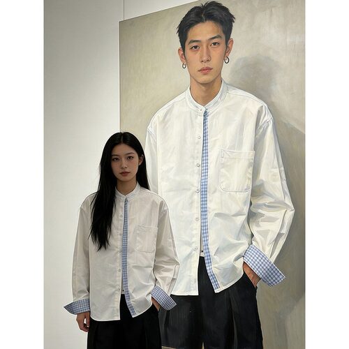 白色格子拼接立领长袖男士衬衫