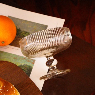 复古ins竖纹浮珠高脚玻璃杯咖啡店用冰淇淋小吃碗甜品169 可尔