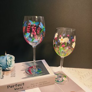 饰玻璃人工酒杯子小多款 手绘装 彩绘中古葡萄酒高脚杯红酒 可尔