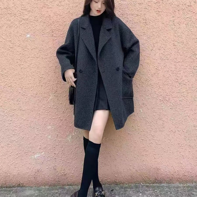 灰色短款毛呢大衣女小个子早秋季新款2025高级感宽松呢子西装外套
