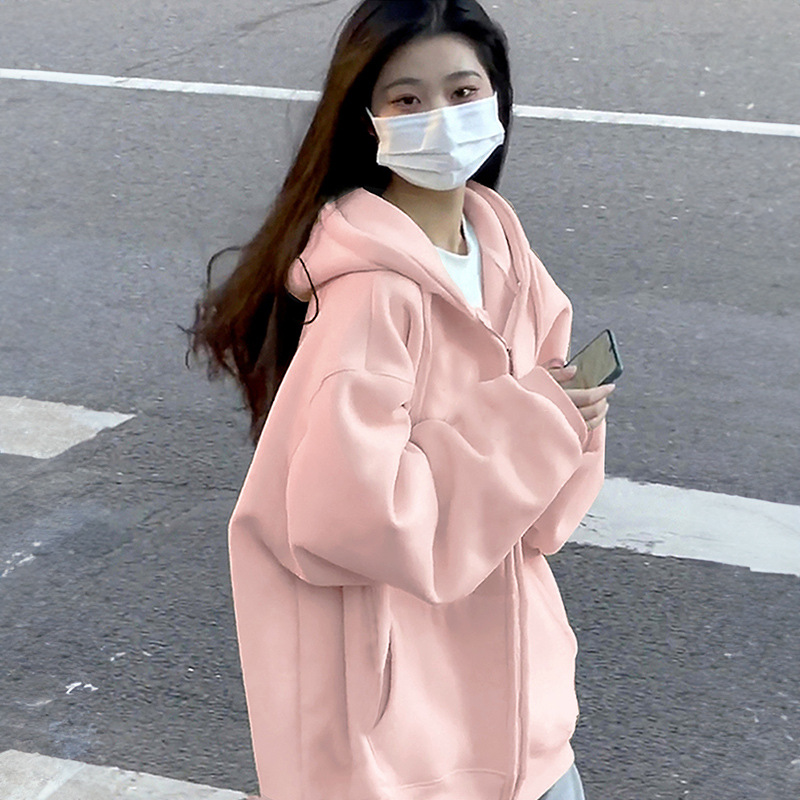 山东即墨卫衣女早秋冬季新款慵懒风连帽拉链开衫外套休闲上衣