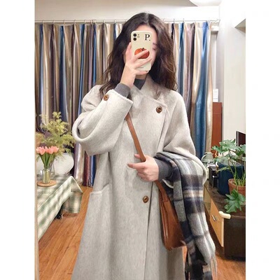 小个子呢子大衣女中长款冬季燕麦色毛呢外套女赫本风高级羊毛大衣