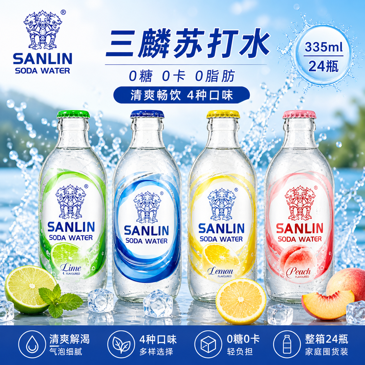 三麟苏打水原味335ml*24瓶无糖气泡水苏打汽水饮料0糖0卡0脂