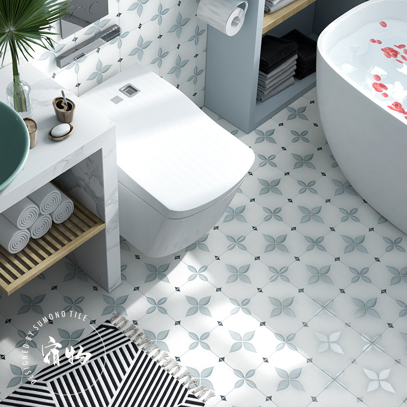 ins法式高级灰复古蓝色小花砖200厨房阳台卫生间瓷砖轻奢英伦地砖