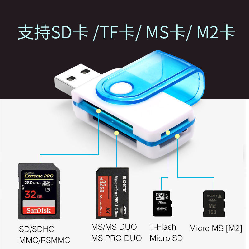 多功能高速迷你读卡器SD/TF相机内存卡车载手机电脑读卡器四合一