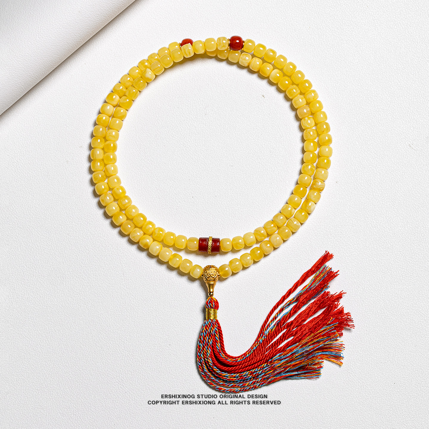 馆藏级天然无优化俄料鸡油黄满蜜满蜡瓦西南红设计款佛珠108颗