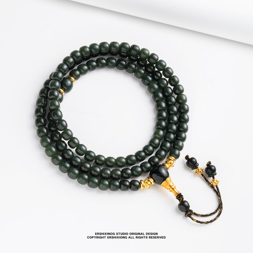 收藏级·天然新疆和田玉黑羊脂塔青黑青精工老型项链佛珠