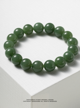 收藏级俄罗斯天然和田玉碧玉七号矿菠菜绿圆珠手串