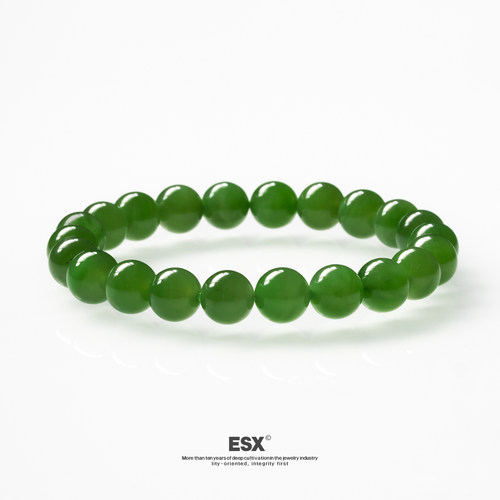 馆藏级·天然俄罗斯七号矿老矿同料菠菜绿和田玉碧玉手串8mm