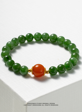 收藏级俄罗斯天然和田玉碧玉七号矿苹果辣阳绿设计款手串