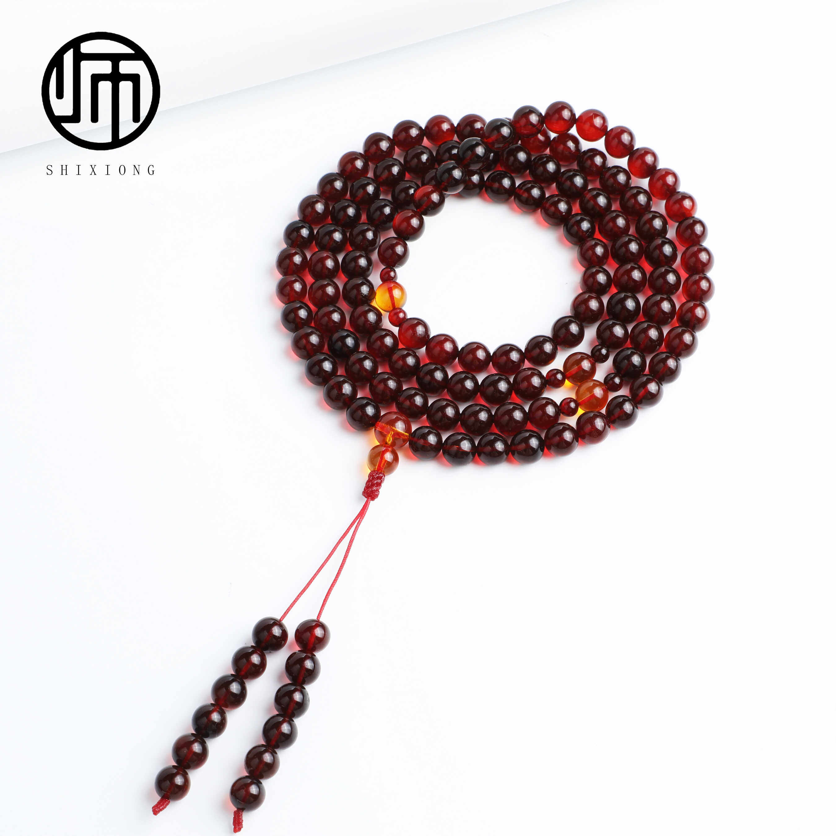 馆藏级&middot;天然无优化无烤色缅甸真品血珀酒红玻璃底净水108佛珠8mm