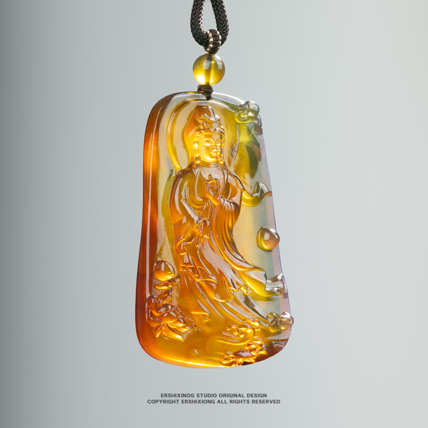 收藏级孤品天然缅甸稀有橘珀琥珀变色膜感观音菩萨雕刻吊坠