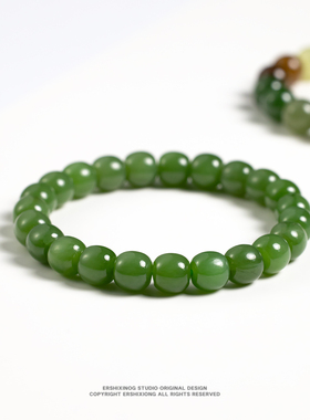 馆藏级俄料老坑七号矿辣阳绿无黑点和田玉碧玉9老型手串