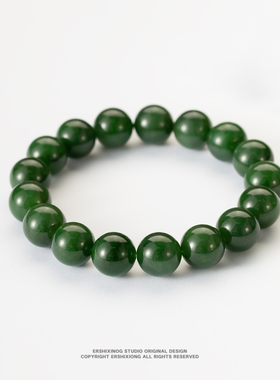 馆藏级俄料老坑七号矿菠菜绿和田玉碧玉12圆珠手串