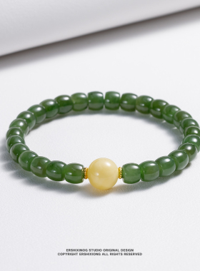 天然无优化俄罗斯七号矿碧玉菠菜绿直切手串搭配奶白蜜蜡圆珠手链