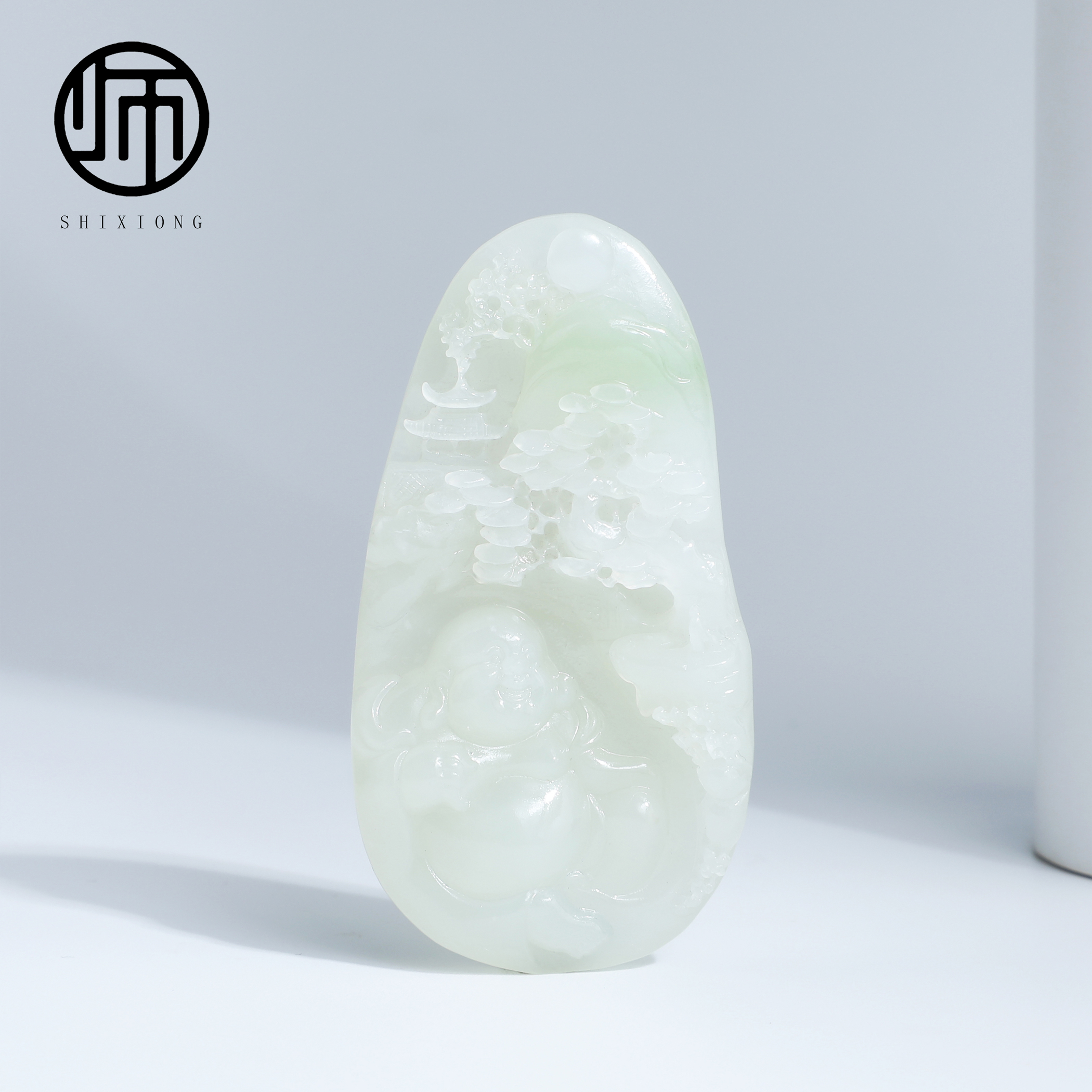 孤品&middot;收藏级天然无优化和田白玉稀有带翠弥勒佛吊坠