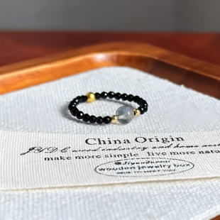 「月黑风高」洛克家黑尖晶石灰月光戒指极细黑水晶猫眼效应指圈女