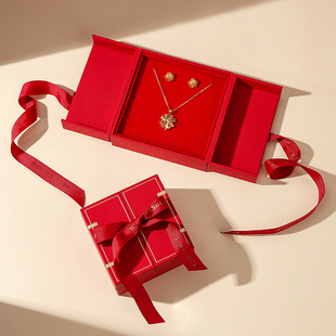 国风黄金首饰盒红色对开蝴蝶结三金盒项链耳钉盒古法金戒指手链盒