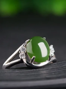 戒指绿色直销开口带证书和田玉玉石女戒可调节碧玉镶嵌925银