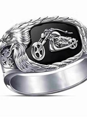 华杰跨境自由骑环摩托车戒指黑色雕刻鹰嘴戒指星条旗图案朋克饰品