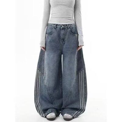 春季美式复古三条杠弯刀牛仔裤