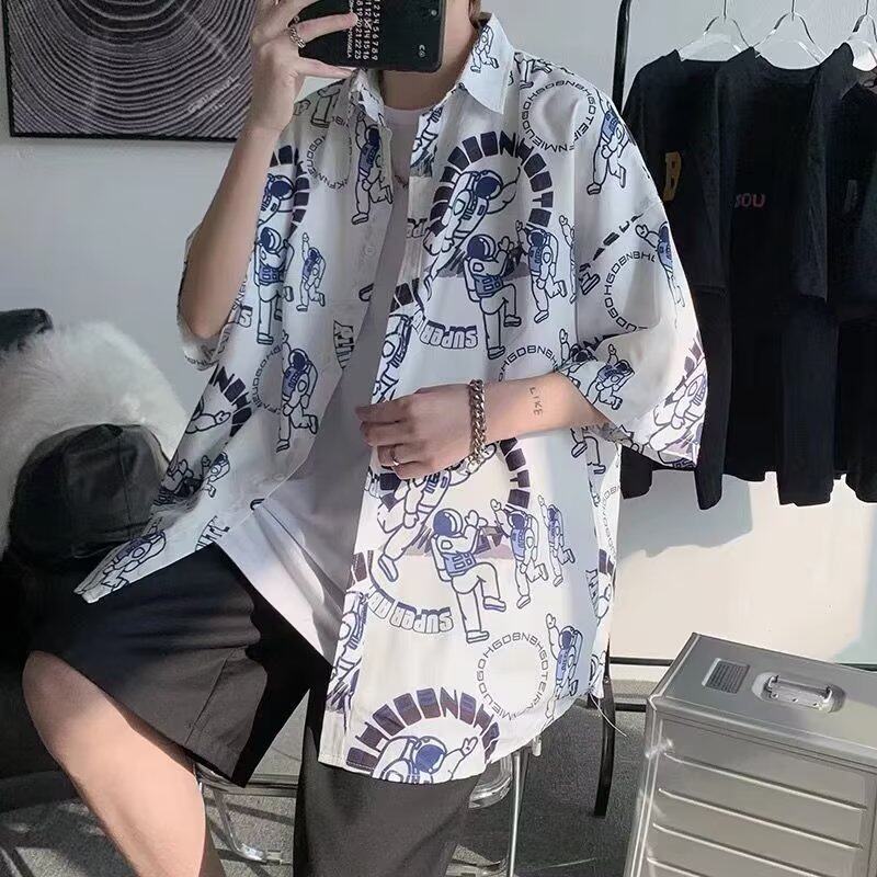 潮牌港风衬衫男士ins大码宽松休闲短袖衬衣夏天男装潮流帅气外套