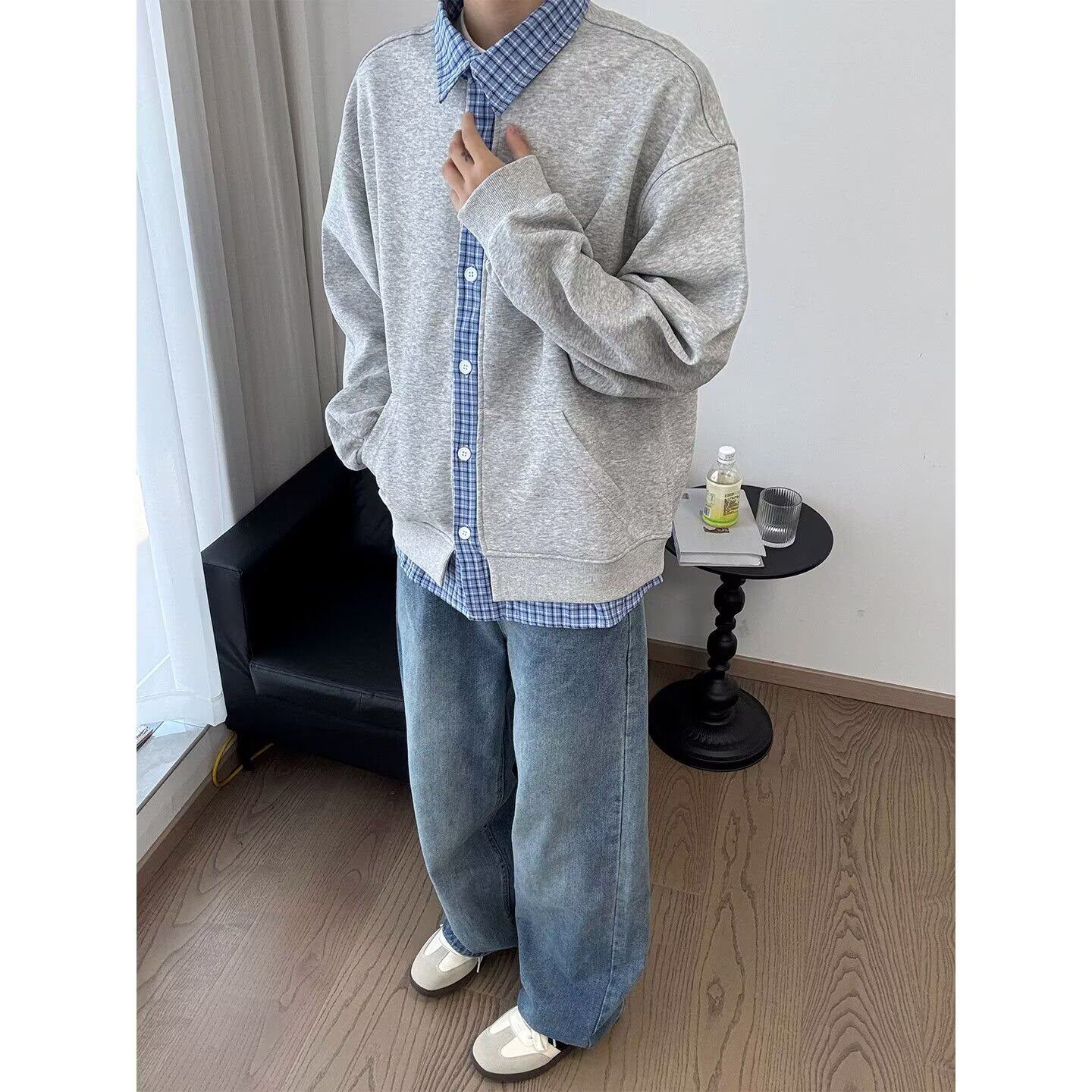 2026春装新款男士假两件长袖卫衣潮牌时尚个性撞色衬衫领卫衣外套