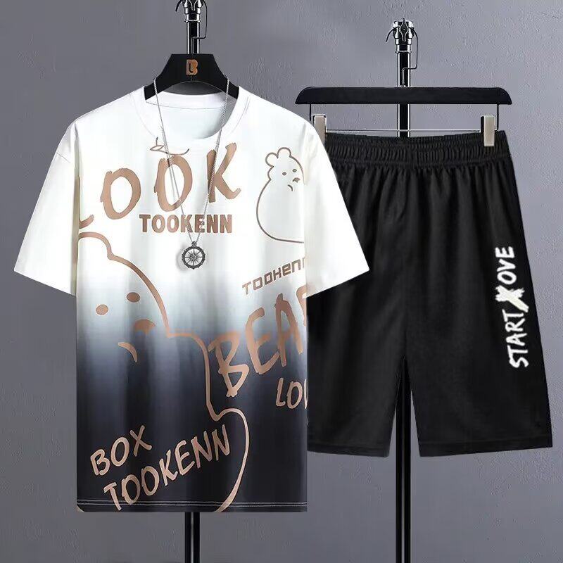 男士夏季冰丝套装潮牌t恤短袖短裤渐变色酷帅运动衣服男装两件套