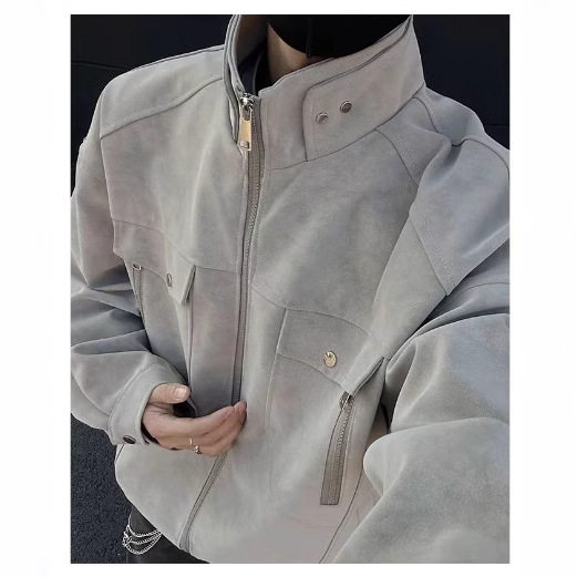 春秋薄款嘻哈风格痞帅立领美式复古皮外套男工装男装皮衣夹克男款