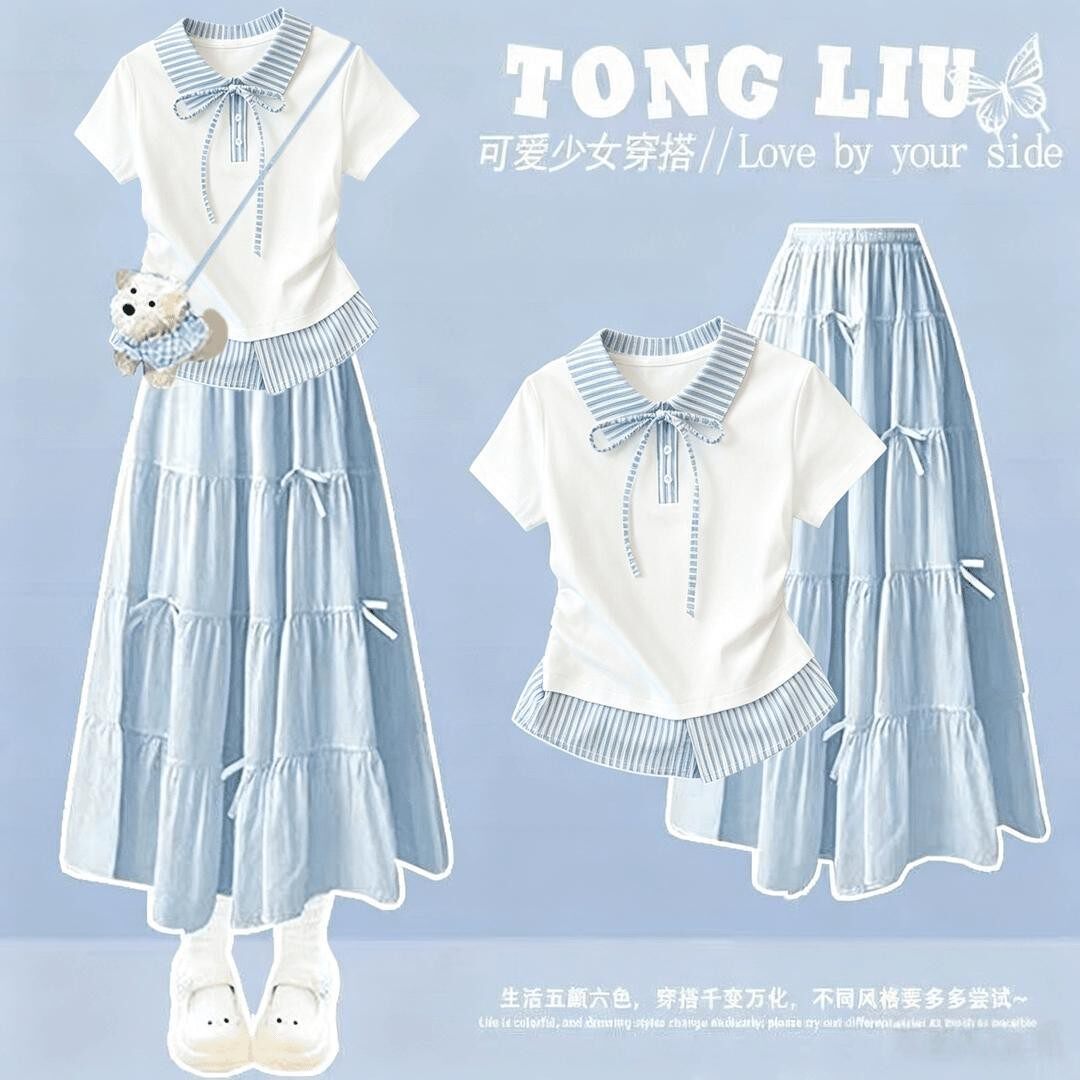 女童超好看韩系裙子套装2026新款初中生女孩polo衫半身裙夏连衣裙图片
