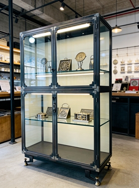 复古工业风玻璃展示柜铁艺带灯陈列柜珠宝手办包包商用展示柜定制